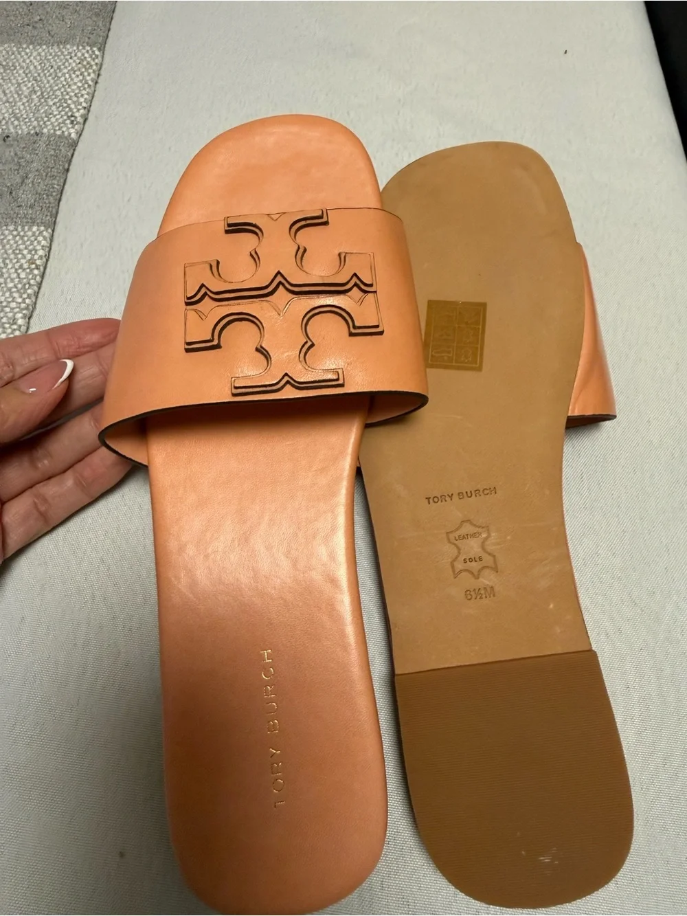 Tory Burch Cognac Leather Logo Slide Sandals